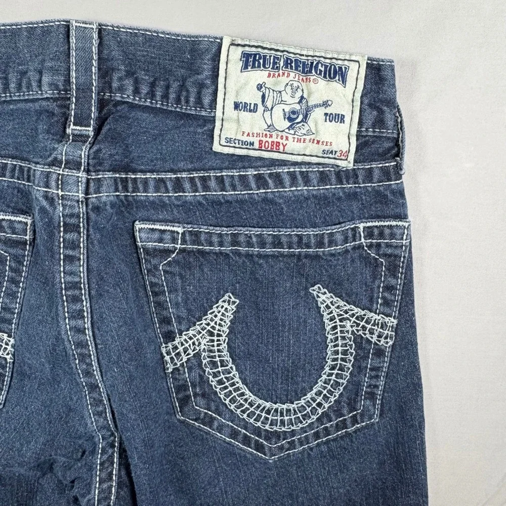 Vintage True Religion Bobby Jeans Mens 33 Made USA Y2K White Horseshoe Stitch